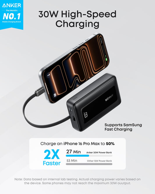 Anker Zolo Power Bank (10K, 30W, Built-In USB-C Cable)