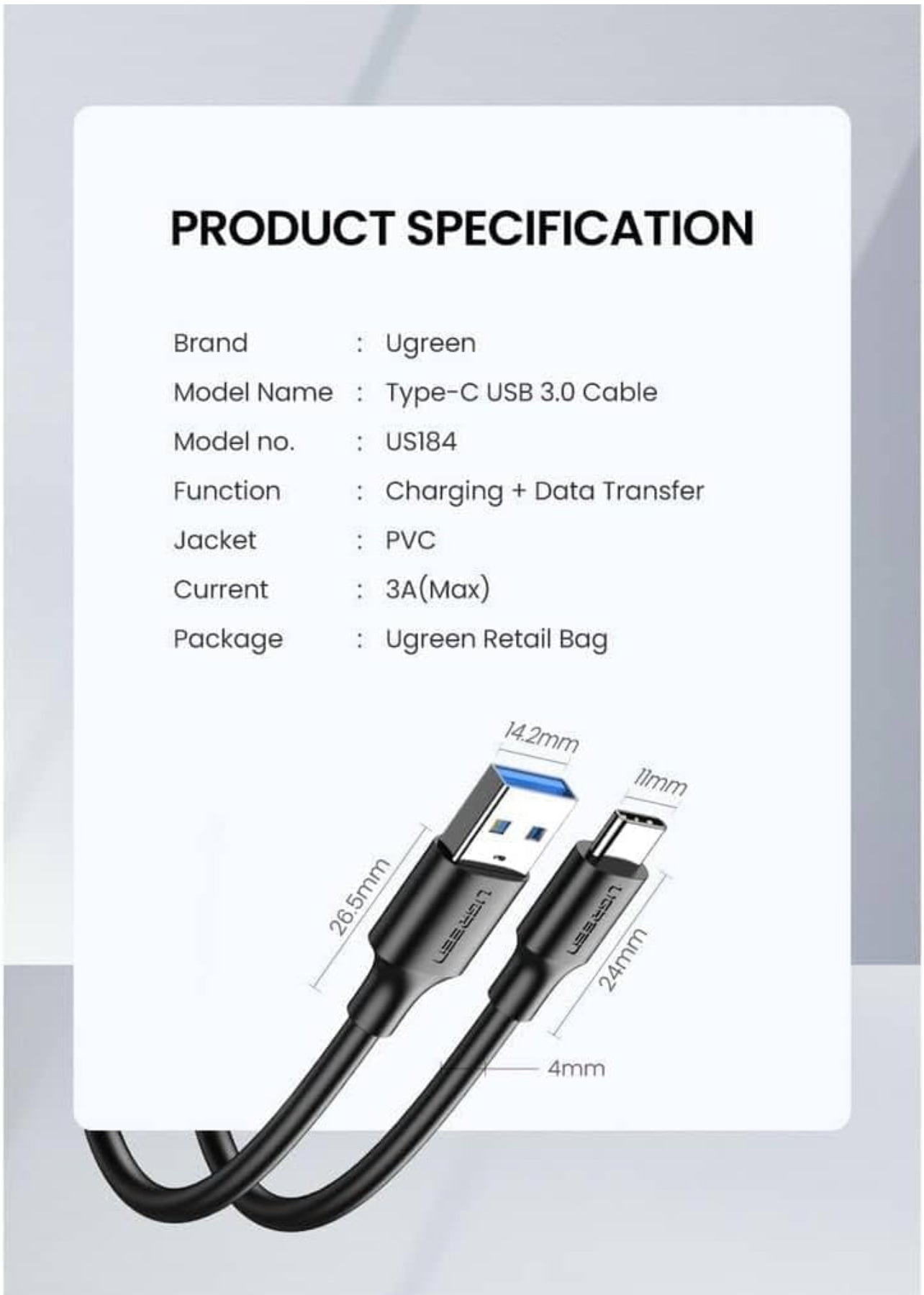 UGREEN USB 3.0 A Male to Type C Male Cable Nickel Plating 2m Black