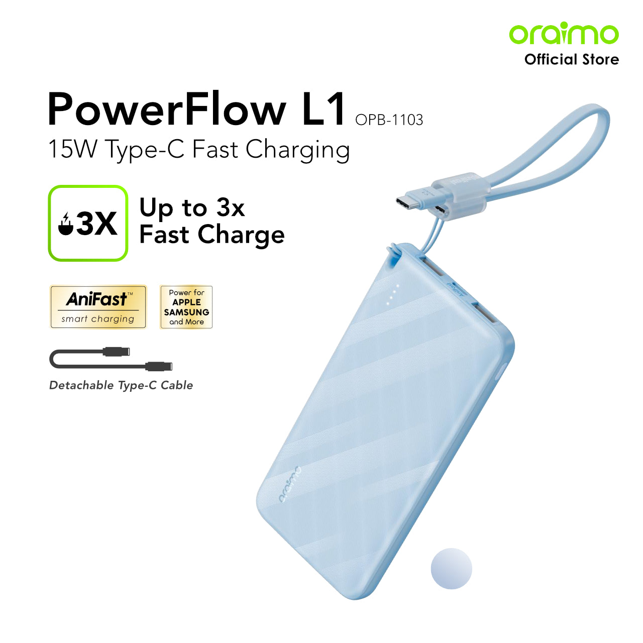 Oraimo PowerFlow L1 10000mAh Power Bank – 15W Type-C Fast Charging (OPB-1103)