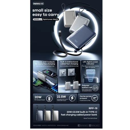 Remax RPP-19 10000mAh Power Bank with Built-in Type-C Cable – 22.5W Super Fast Charging, LED Digital Display