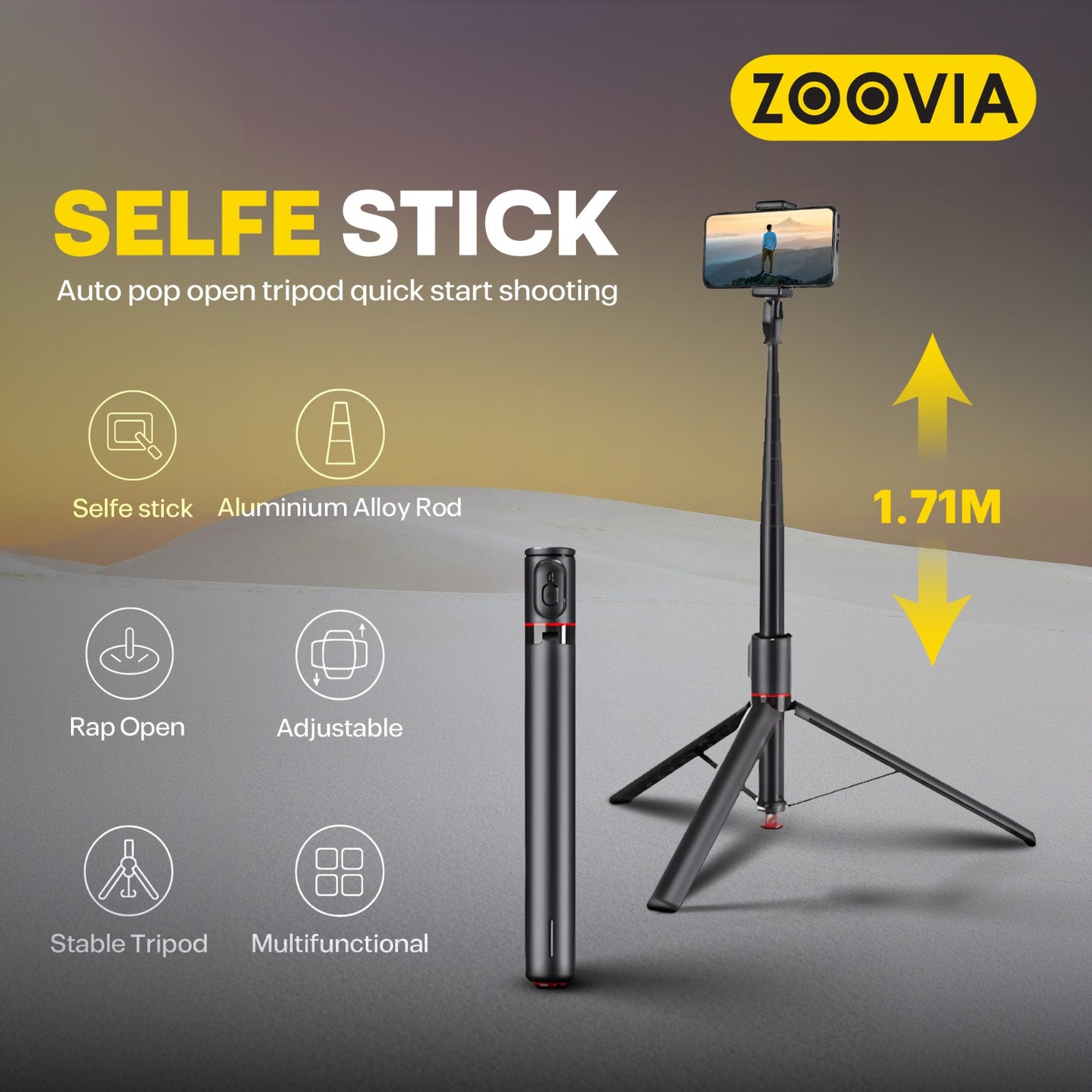 Zoovia Selfie Stick Auto Pop Open Tripod with Bluetooth Remote