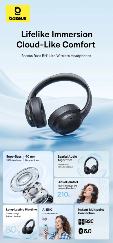 Baseus Bass BH1 Lite Wireless Headphones - Black