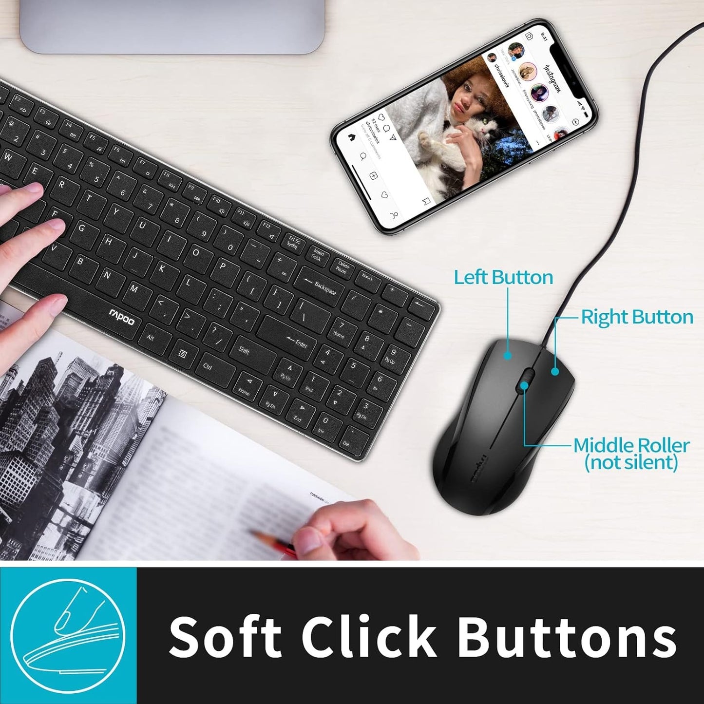 Rapoo Wired Optical Mouse BLACK 1000 DPI N1200 silent