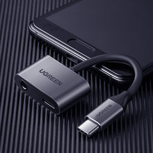 Load image into Gallery viewer, Ugreen CM193 50596 audio adapter two-port USB-C (male) - mini jack 3.5mm / USB-C (female) - gray