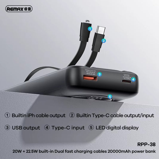 REMAX RPP-38 20W+22.5W Built-in Dual Fast Charging Cables Power Bank 20000mAh