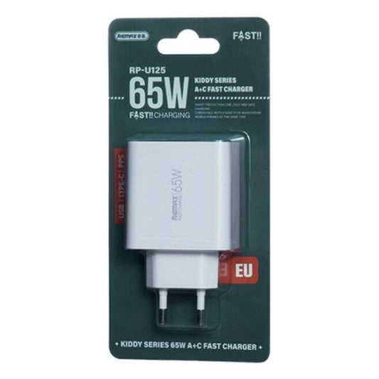 Remax RP-U125 Kiddy Series Dual Port USB Type-C And Type A Fast Charger UK 65W - White