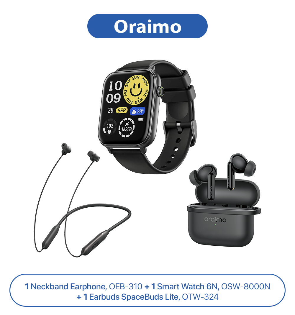Oraimo Bundle (1* Wireless Neckband Earphone, OEB-310 - Black + 1* Smart Watch 6N, OSW-8000N - Black + 1* Wireless Earbuds SpaceBuds Lite, OTW-324 - Black)