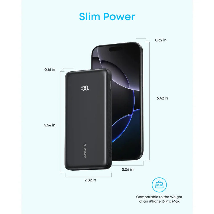 باور بانك أنكر زولو بسعة 10,000 ملّي أمبير/ساعة وقدرة 22.5 واط مع كابل USB-C مدمج - أسود
