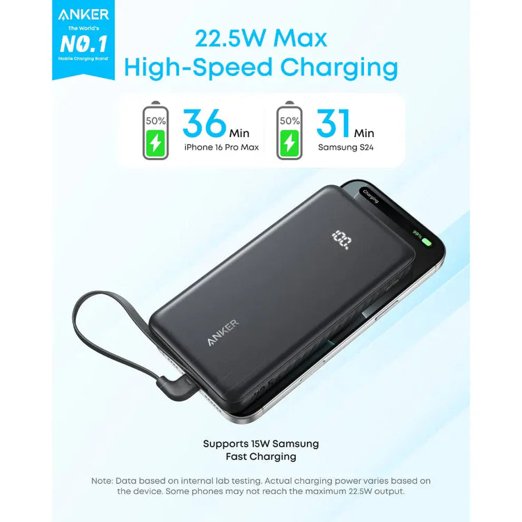 باور بانك أنكر زولو بسعة 10,000 ملّي أمبير/ساعة وقدرة 22.5 واط مع كابل USB-C مدمج - أسود