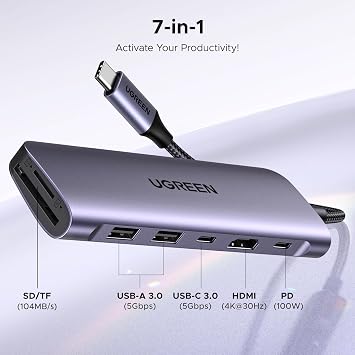 UGREEN 7-in-1 USB-C Hub 4K HDMI, 100W PD, SD/TF Card Reader (45521)