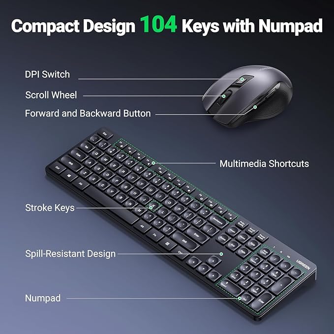 UGREEN Wireless Keyboard and Mouse Combo,2.4GHz مطبوع الحروف العربي