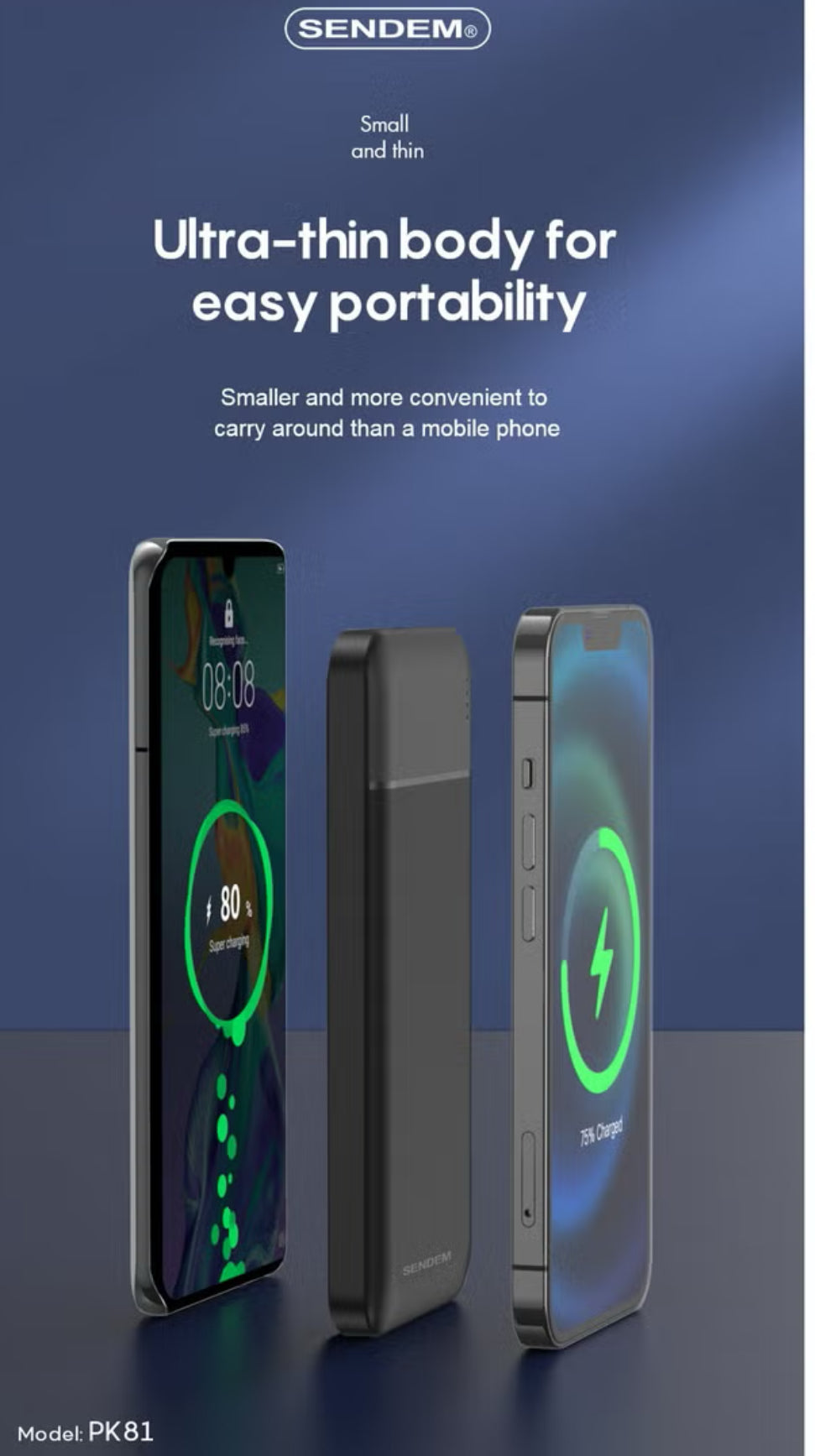 SENDEM PK81-Portable Power Bank with 10,000 mAh Large Capacity- Black