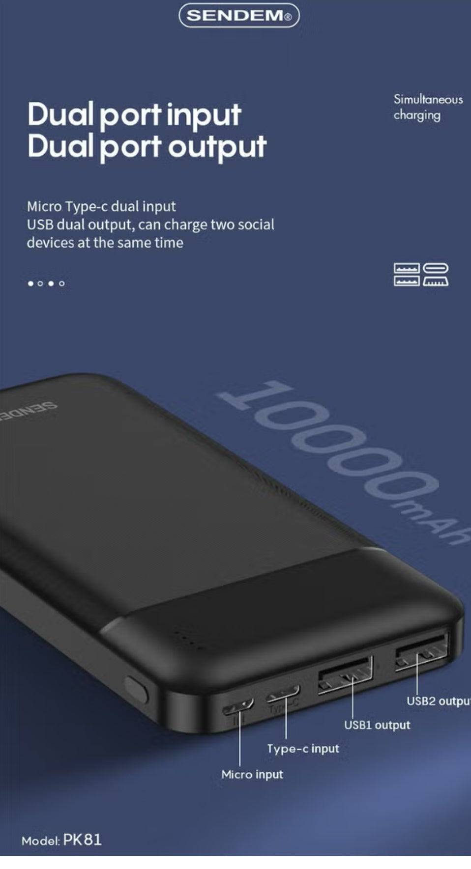 SENDEM PK81-Portable Power Bank with 10,000 mAh Large Capacity- Black