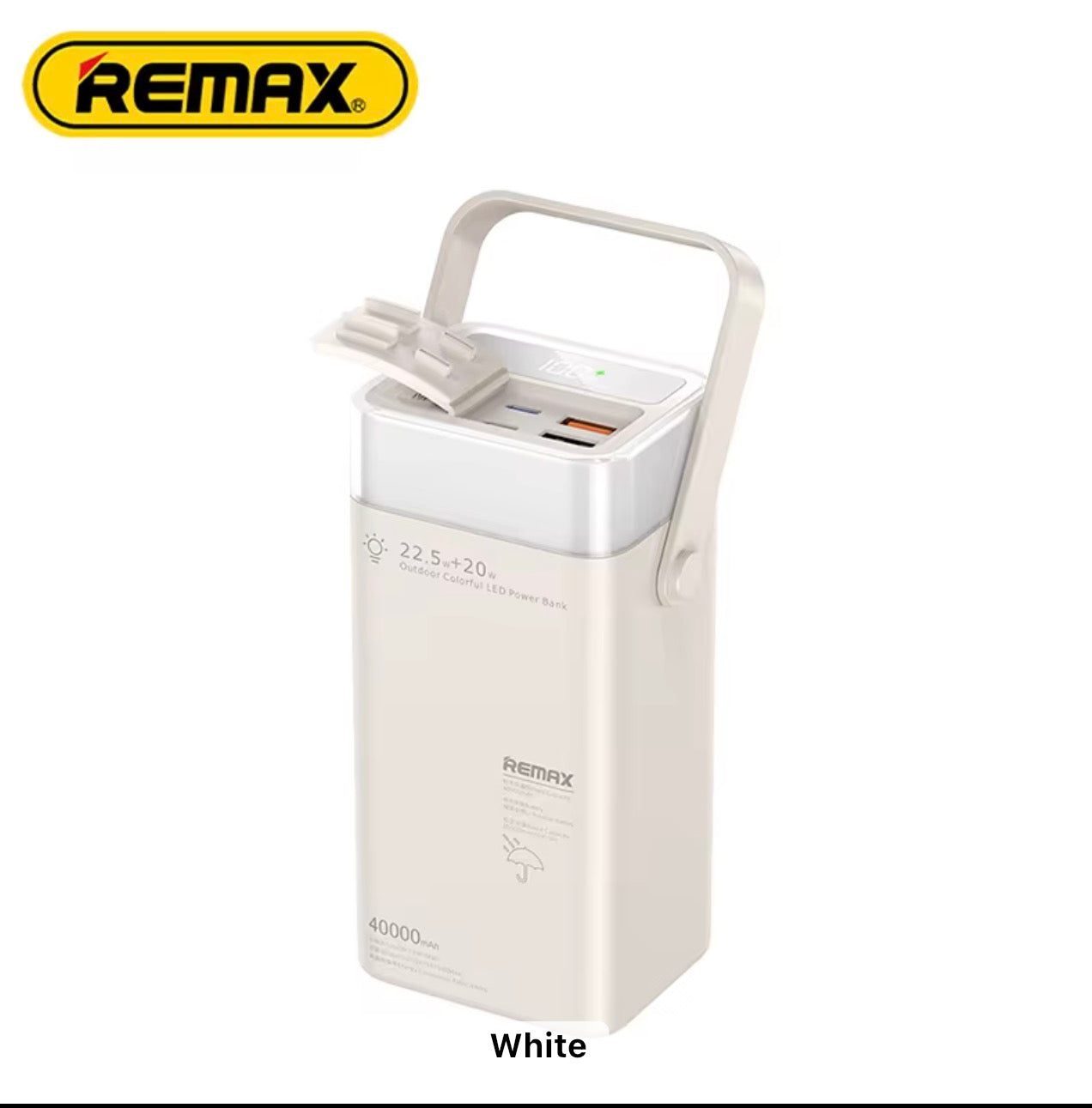 Power Bank 40000mAh , Outdoor Power Bank with 20W + 22.5W Fast Charging, RGB 360° LED Light, Smart Digital Display, and Carry Handle – white- RPP-596