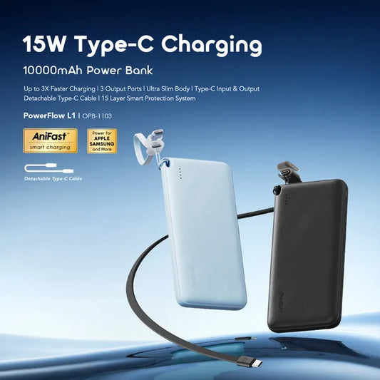 Oraimo PowerFlow L1 10000mAh Power Bank – 15W Type-C Fast Charging | OPB-1103