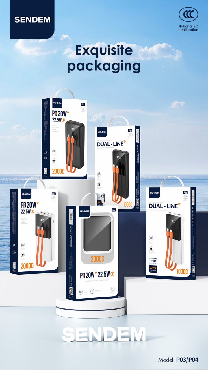 20,000 sendem power bank PD20W + 22.5W dual-wire fast charge -black