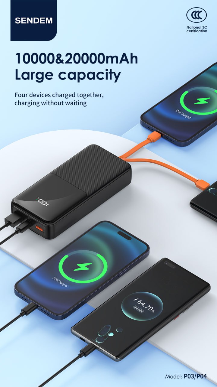 20,000 sendem power bank PD20W + 22.5W dual-wire fast charge -black