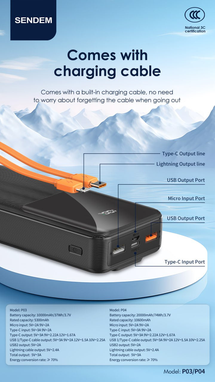20,000 sendem power bank PD20W + 22.5W dual-wire fast charge -black