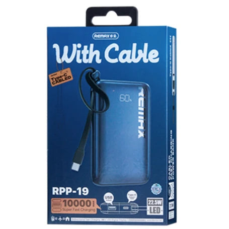 Remax RPP-19 10000mAh Power Bank with Built-in Type-C Cable – 22.5W Super Fast Charging, LED Digital Display