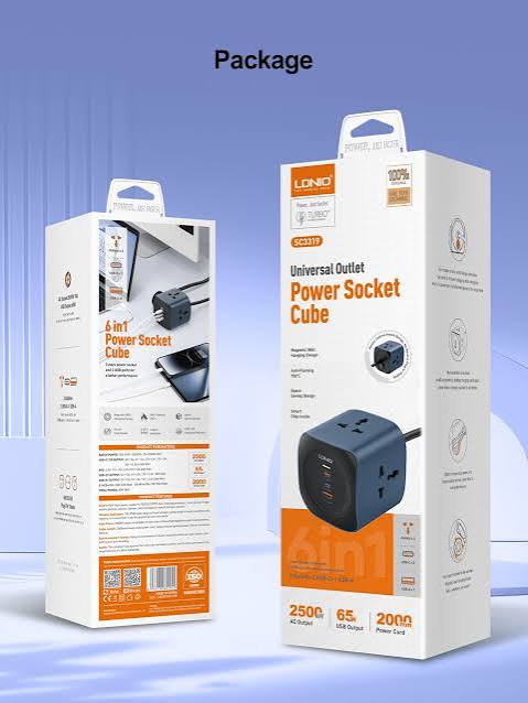LDNIO SC3319 Universal Power Socket Cube – 3 Outlets + 3 USB Ports, 65W Fast Charging, 2500W AC Output