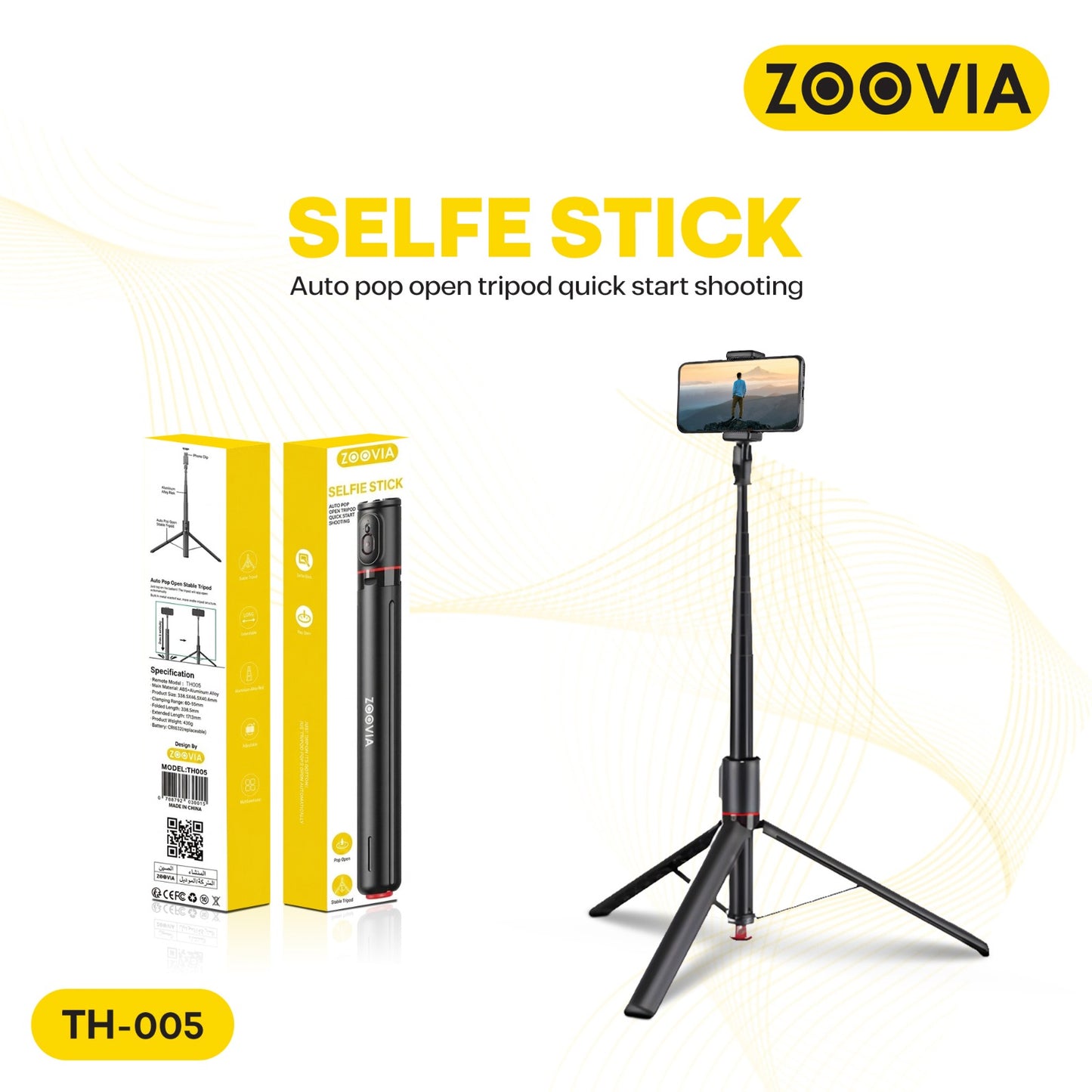 Zoovia Selfie Stick Auto Pop Open Tripod with Bluetooth Remote