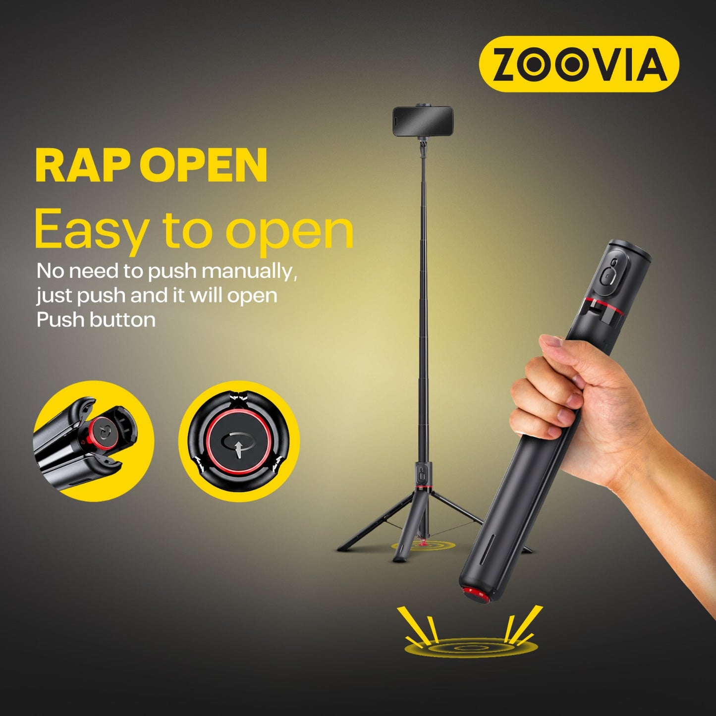 Zoovia Selfie Stick Auto Pop Open Tripod with Bluetooth Remote