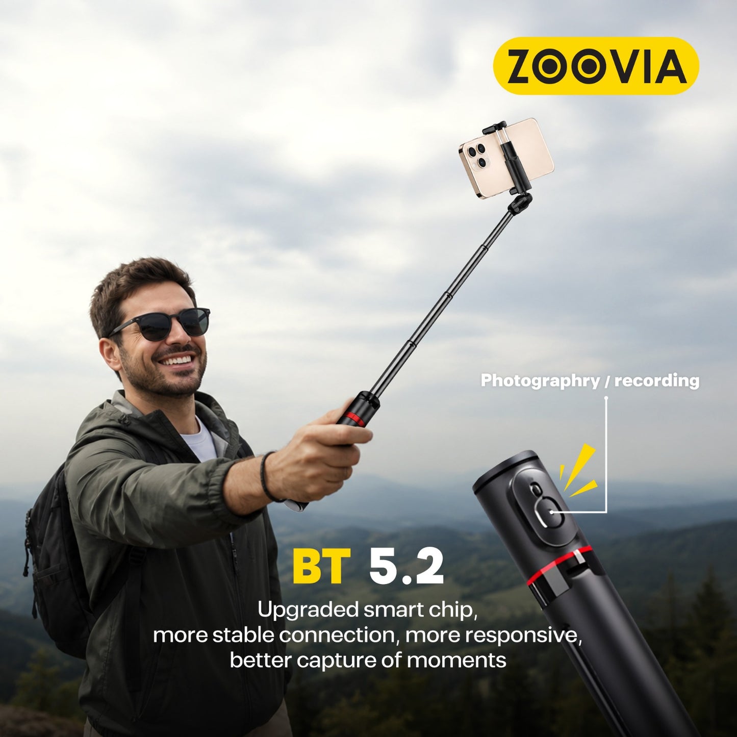 Zoovia Selfie Stick Auto Pop Open Tripod with Bluetooth Remote