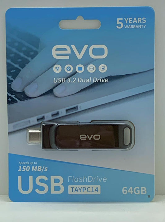 evo  64GB USB 3.1 Type-C and Type-A Flash Drive, Up to 150MB/s Read