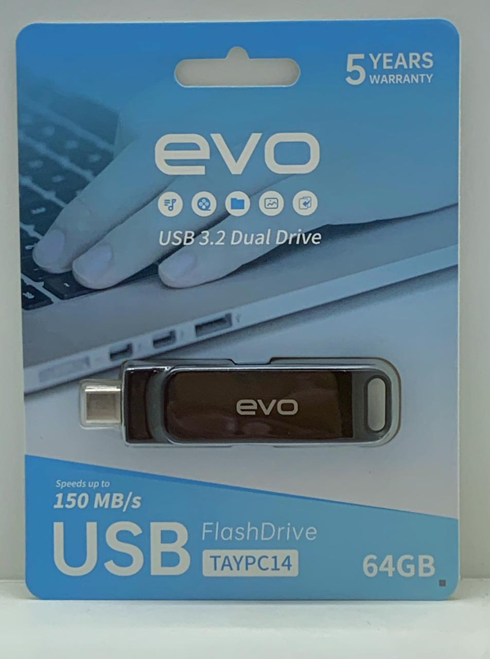 evo  64GB USB 3.1 Type-C and Type-A Flash Drive, Up to 150MB/s Read