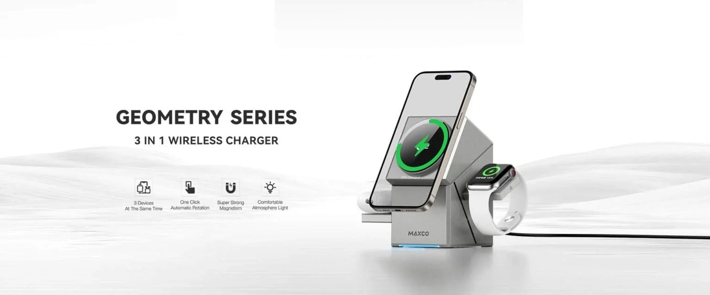 Maxco MW11 Geometric QI2 Magnetic Wireless Charger 3 IN 1 Wireless Charger