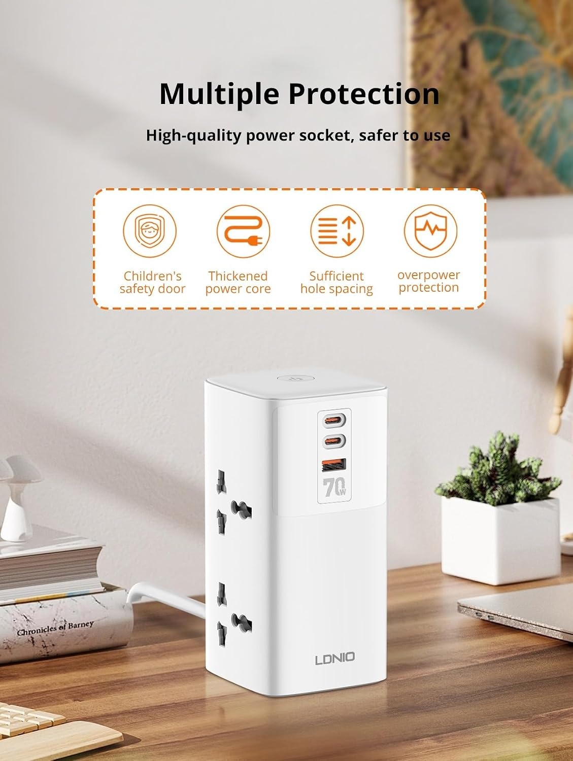 LDNIO SC4383 Tower Extension Power Socket – 70W Super Fast Charging, 2500W High Power, GaN Technology