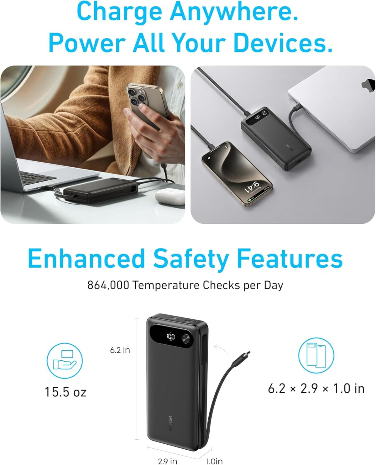 Anker Power Bank (20K, 87W, Built-In USB-C Cable)