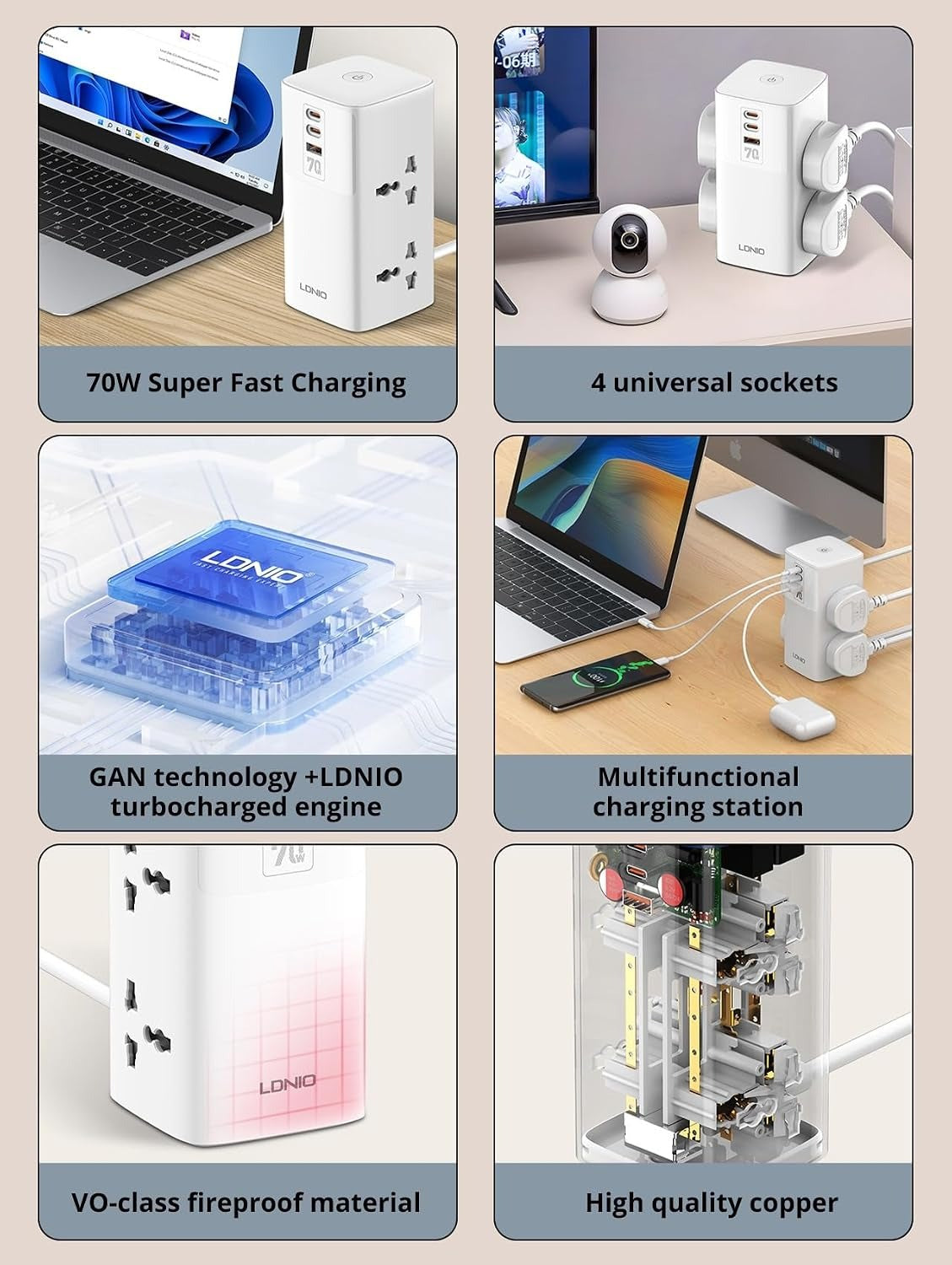 LDNIO SC4383 Tower Extension Power Socket – 70W Super Fast Charging, 2500W High Power, GaN Technology