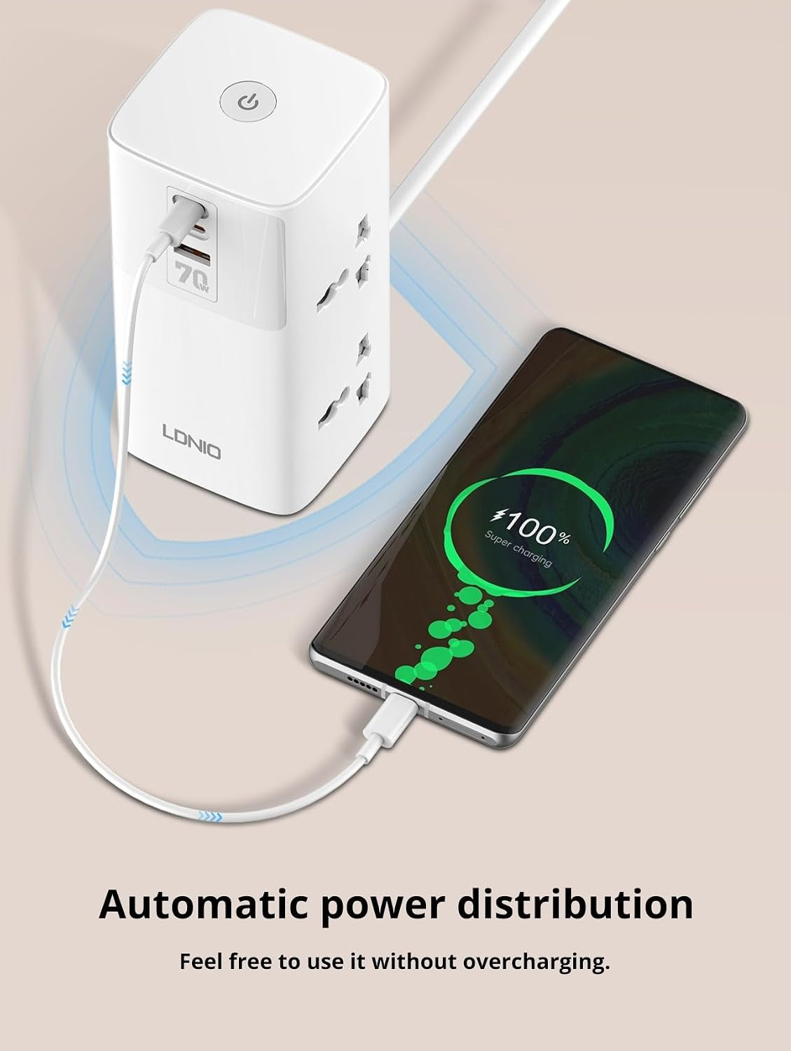 LDNIO SC4383 Tower Extension Power Socket – 70W Super Fast Charging, 2500W High Power, GaN Technology