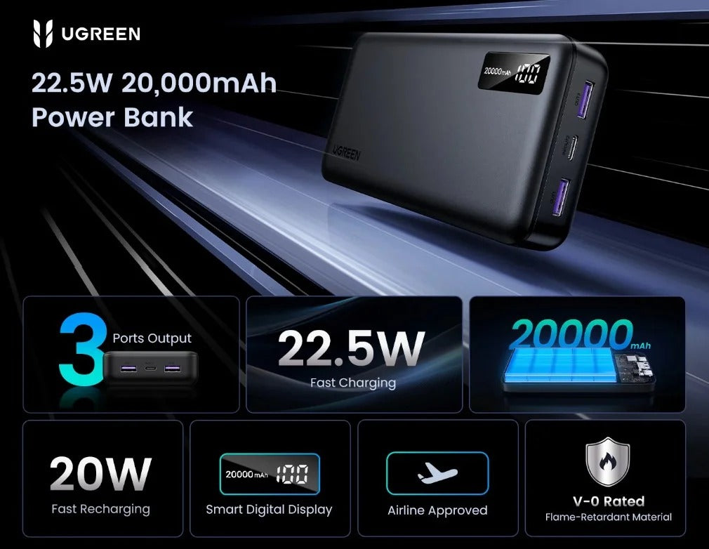 UGREEN 25683 PB312 20W 20000mAh Two-Way Fast Charging Power Bank -Space Grey