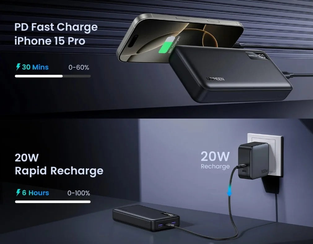 UGREEN 25683 PB312 20W 20000mAh Two-Way Fast Charging Power Bank -Space Grey