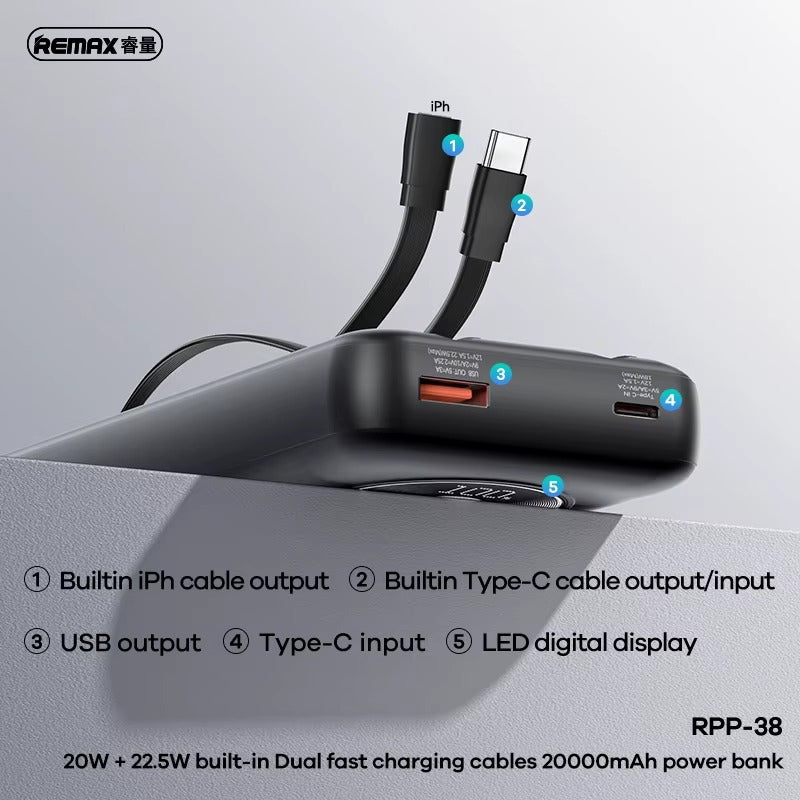 REMAX RPP-38 20W+22.5W Built-in Dual Fast Charging Cables Power Bank 20000mAh