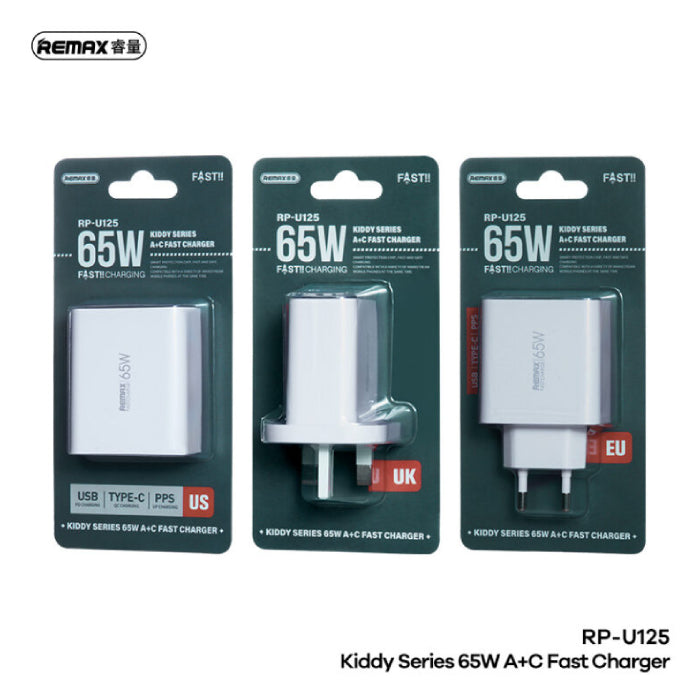 Remax RP-U125 Kiddy Series Dual Port USB Type-C And Type A Fast Charger UK 65W - White