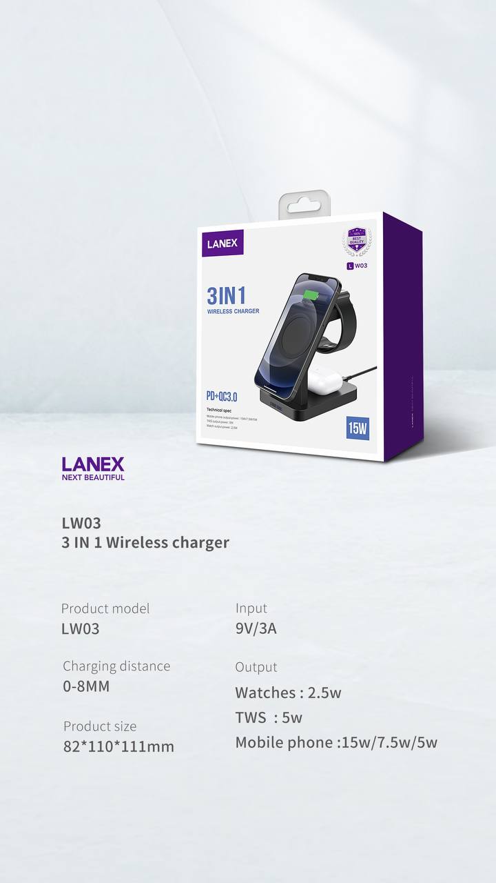 Lanex 3in1 wireless charger 15 watt