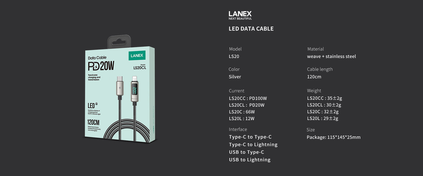 Lanex Data Cable USB-type c to type-c -100watt- with led screen - وصله شحن تايب سى  لتايب سى