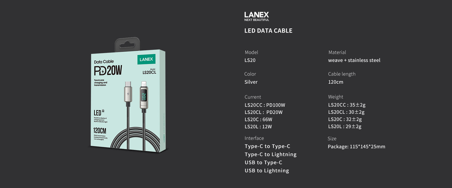 Lanex Data Cable USB-type c to type-c -100watt- with led screen - وصله شحن تايب سى  لتايب سى