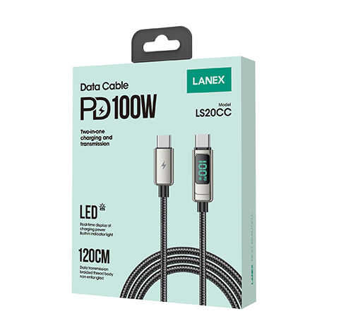 Lanex Data Cable USB-type c to type-c -100watt- with led screen - وصله شحن تايب سى  لتايب سى